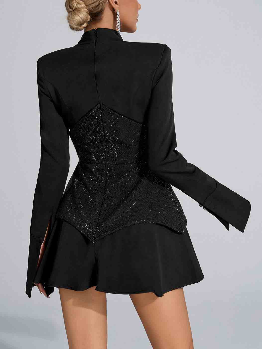 Elegant Stand Collar Pleated Tuxedo Mini Dress