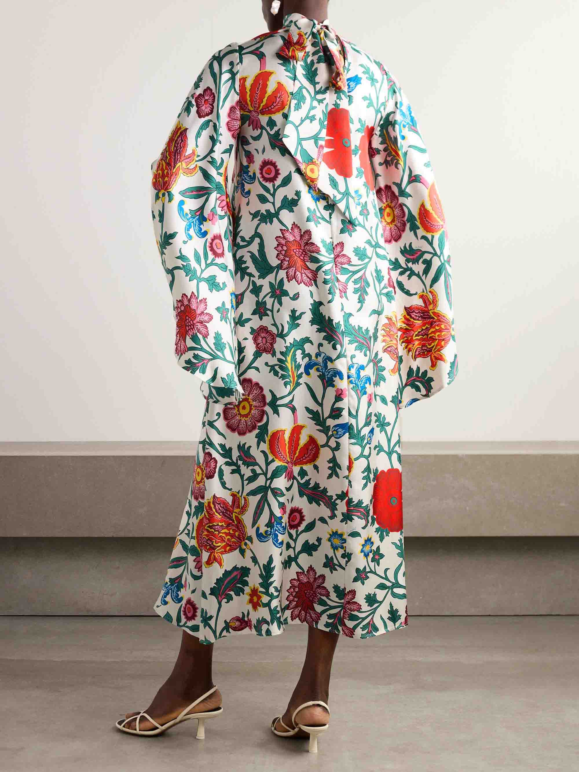 Exquisite Satin Garden Floral Print Trumpet Sleeve Maxi Dress