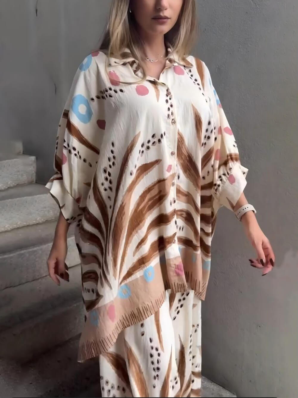 Unique Bohe Print Colorblock Elastic Waist Loose Fit Wide Leg Pants