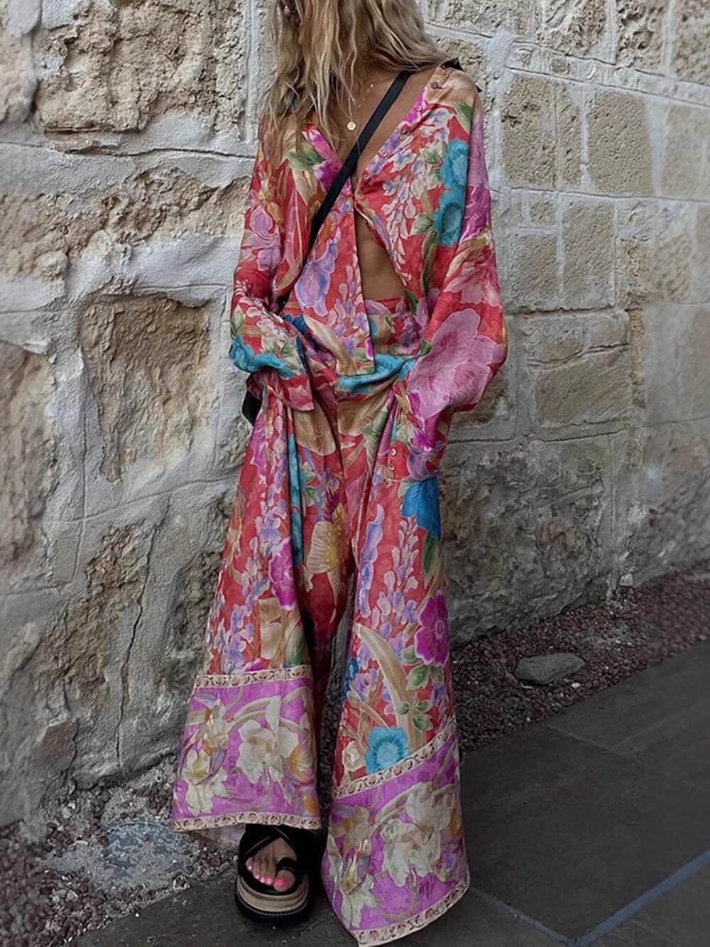 Satin Unique Casual Floral Print Elastic Waistband Pocket Wide Leg Pants