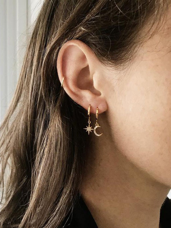 Classic Full Diamond Star Moon Asymmetrical Earrings