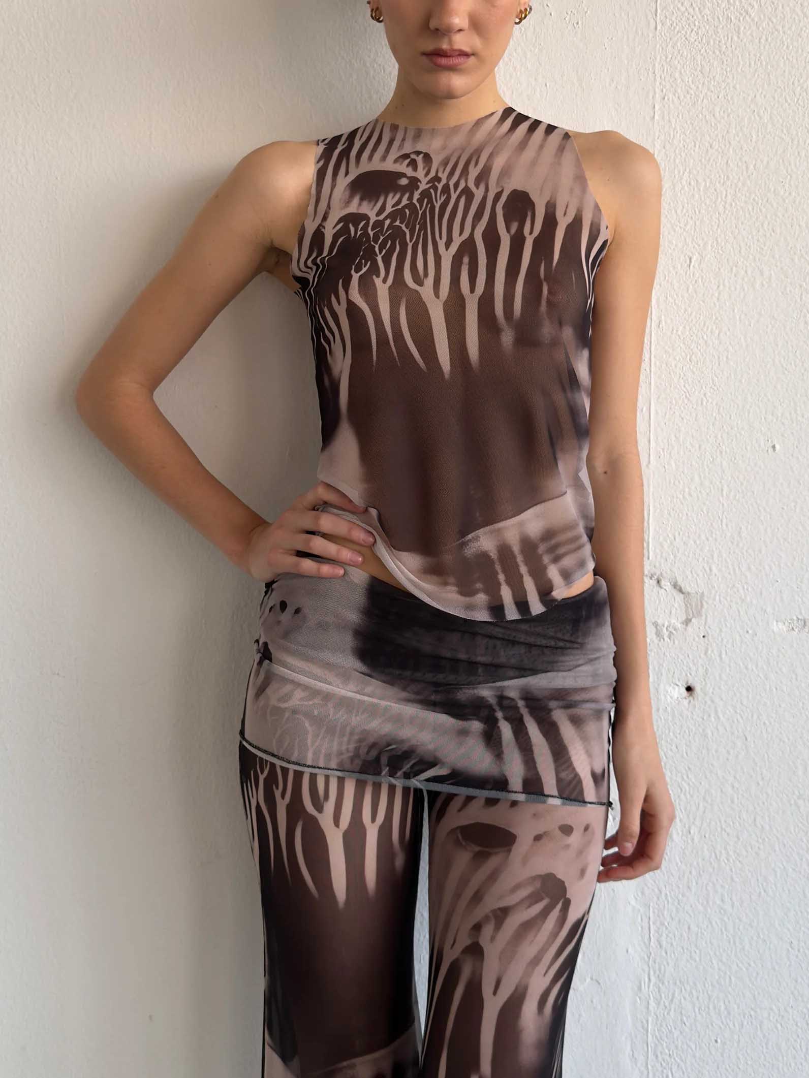 Unique Abstract Print Mesh Sleeveless Top
