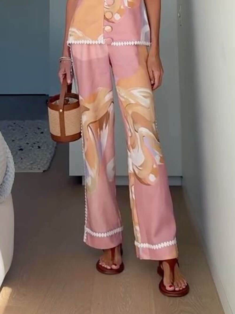 Summer Linen Blend Flowers Trims High Rise Pocket Loose Pants