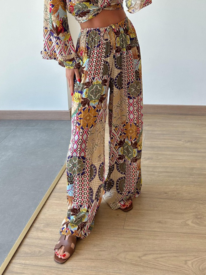 Retro Plant Print Short Wide-leg Pants