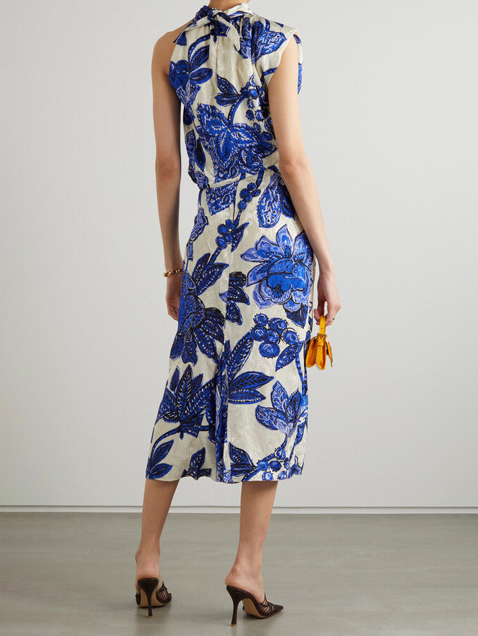 Elegant Cutout Drape Floral Print Midi Dress