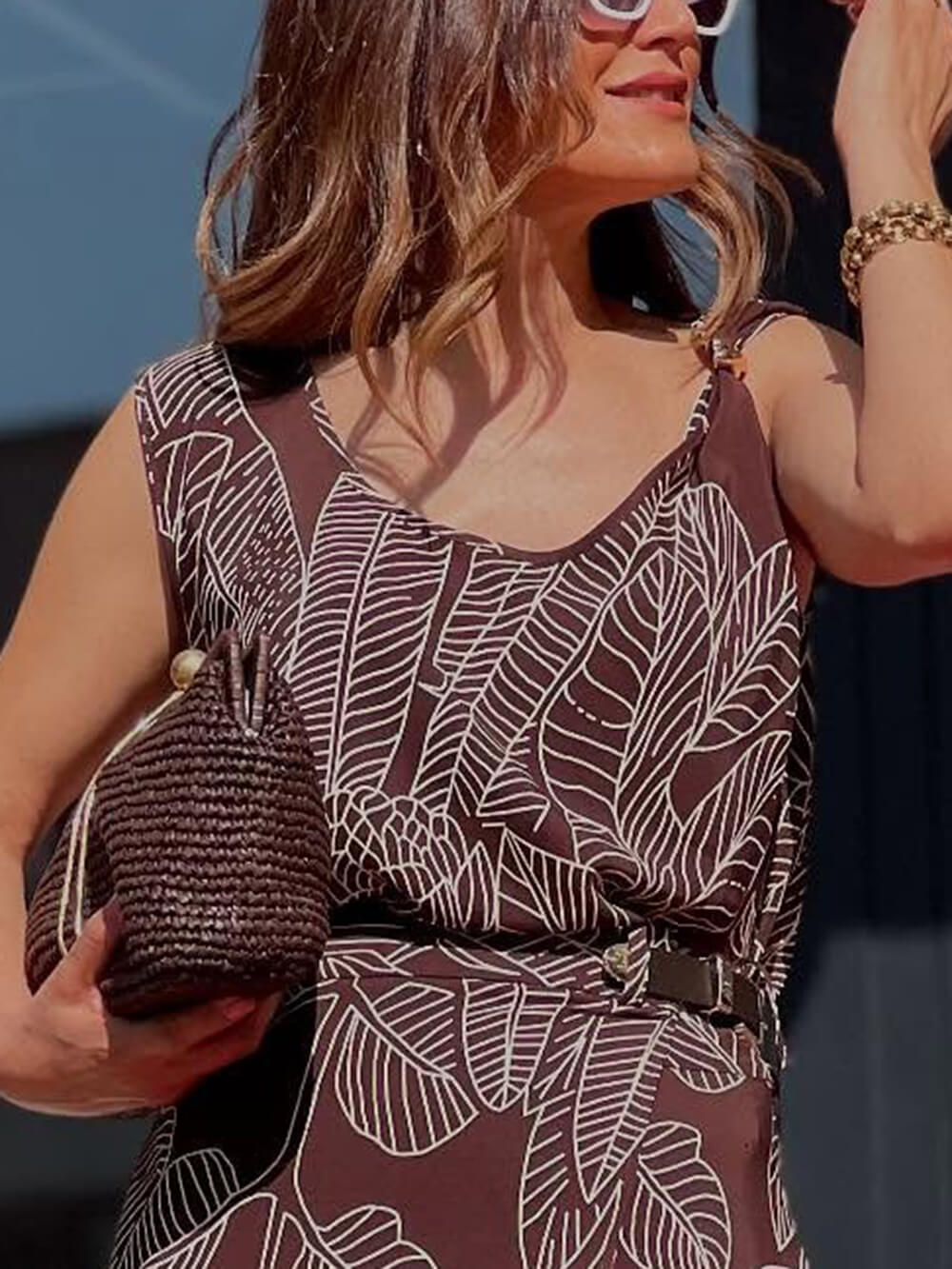 Unique Leaf Print Spaghetti Strap Tank Top