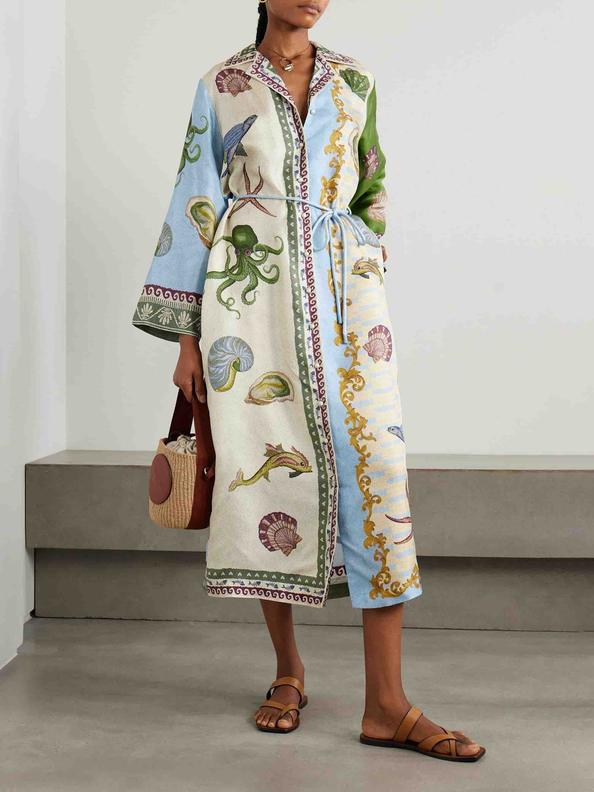 Unique Deep Sea Floral Print Single Breasted Midi Shirt Dress