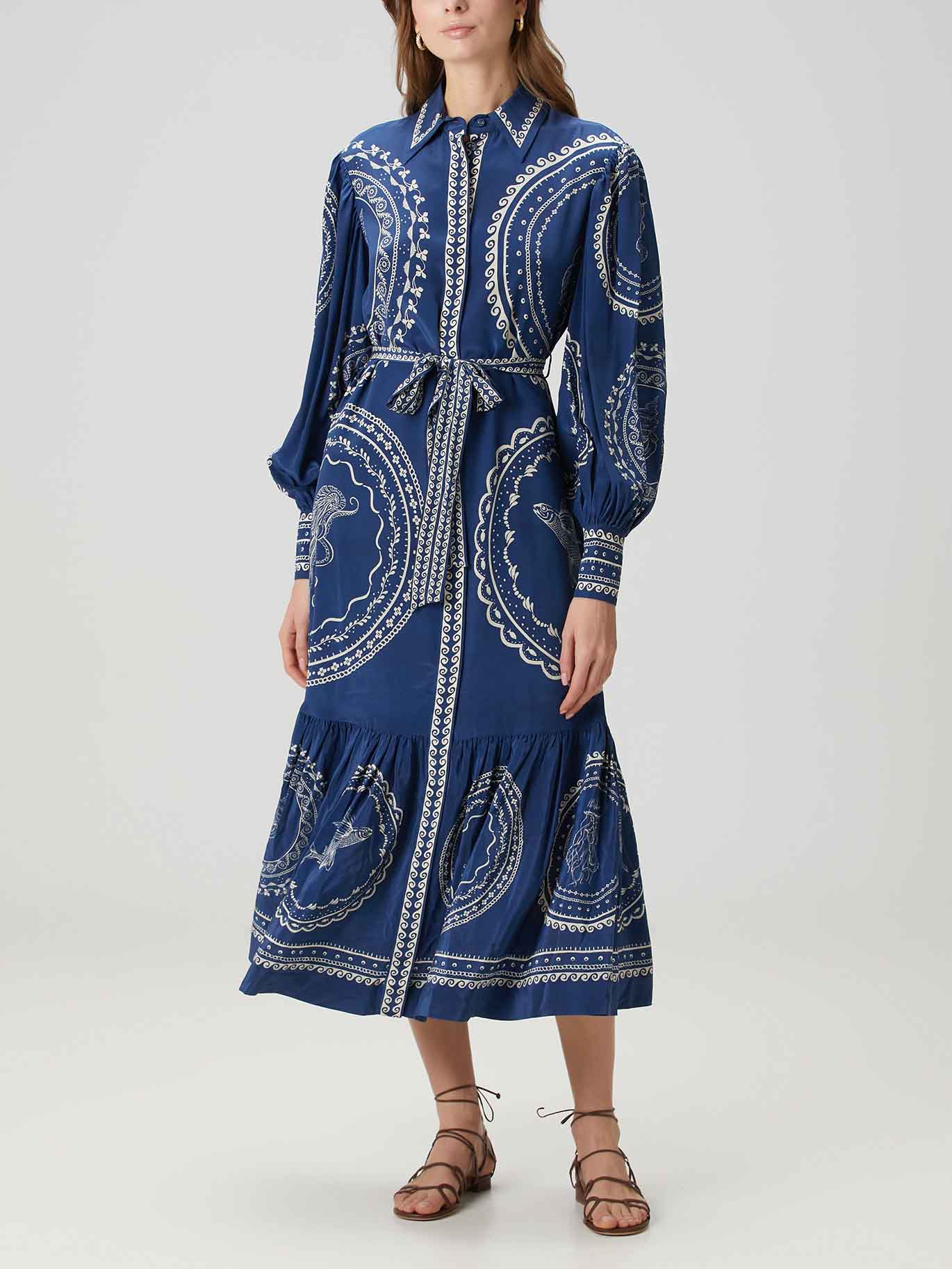 Exquisite Blue Ocean Print Lace-Up Single-Breasted Midi Dress