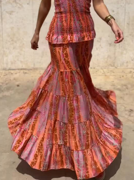 Casual Retro Folk Style Printed Layered Skirt