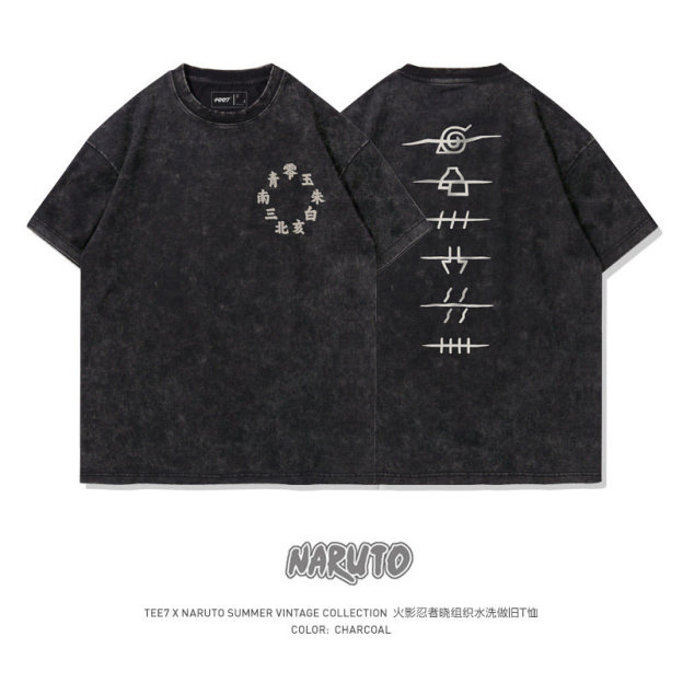 火影忍者曉組織水洗做舊 2026親子情侶男女同款 印花水洗短袖