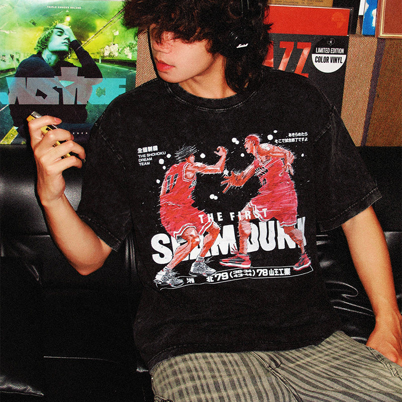 灌籃高手流川楓櫻木花道世紀擊掌水洗做舊 2026親子情侶男女同款 印花水洗短袖