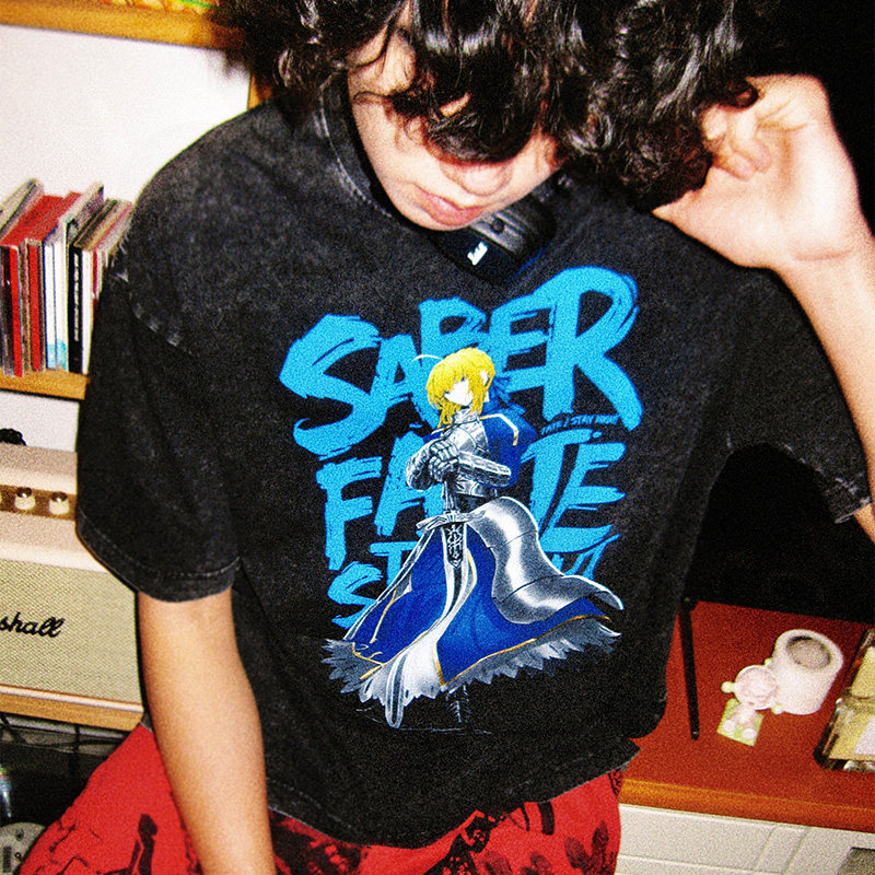Fate吾王呆毛Saber水洗做舊 2026親子情侶男女同款 印花水洗短袖