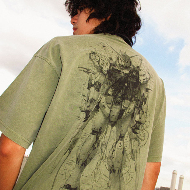 高達機械解剖圖水洗做舊 2026親子情侶男女同款 印花水洗短袖