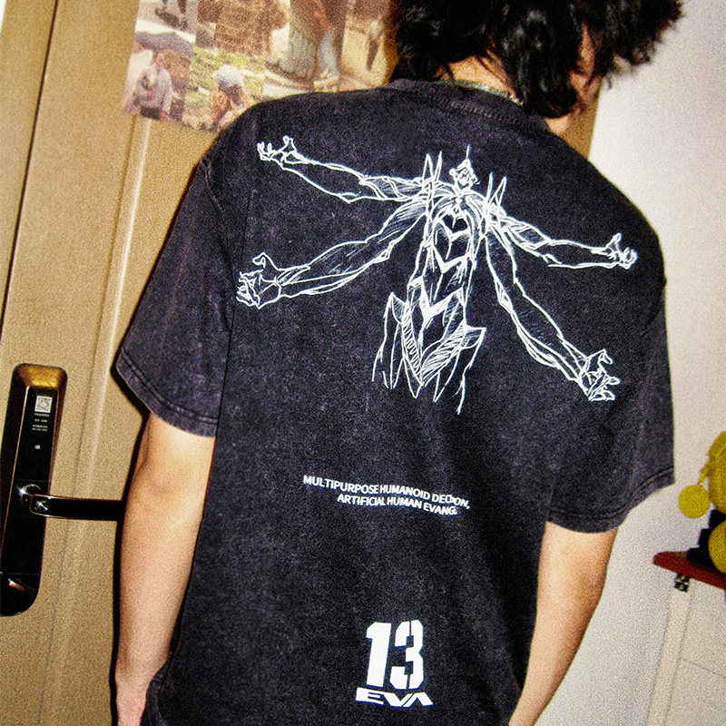 EVA十三號機莉莉絲水洗做舊 2026親子情侶男女同款 印花水洗短袖