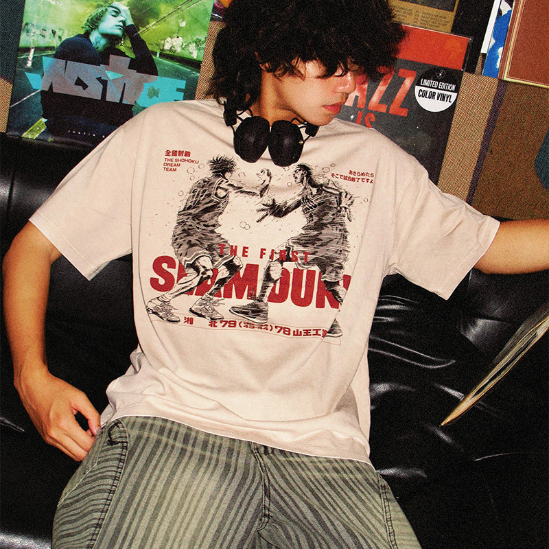 灌籃高手流川楓櫻木花道世紀擊掌水洗做舊 2026親子情侶男女同款 印花水洗短袖