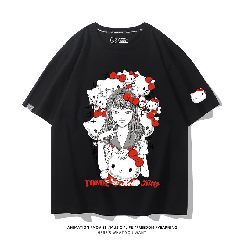 伊藤潤二X三麗鷗富江Hello kitty周邊 印花短袖T恤