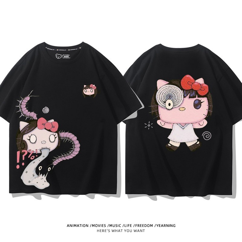 伊藤潤二X三麗鷗富江Hello kitty周邊 印花短袖T恤