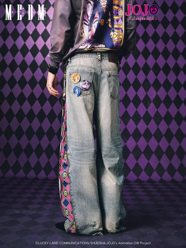 MEDMxJOJO的奇妙冒險聯名-拉鍊格紋水洗做舊休閒牛仔褲