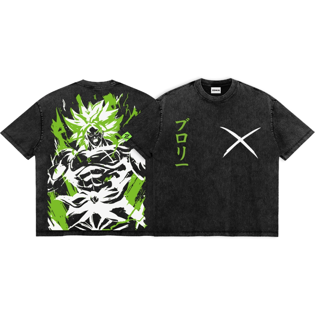 傳奇覺醒：布羅利的綠色火焰水洗做舊T恤黑色款