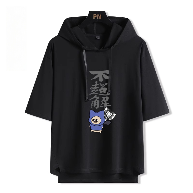 魔物獵人呆貓艾露貓搞怪  連帽短袖T恤
