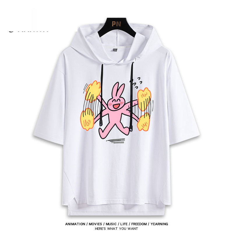 醜萌搞怪粉紅兔子 連帽短袖T恤-GOODTOYSTUDIO