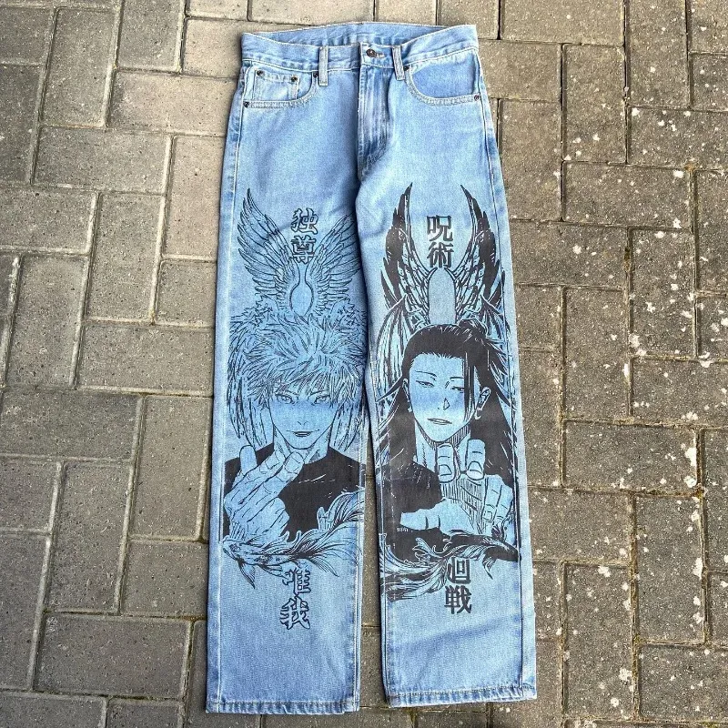 咒術迴戰寬鬆牛仔褲｜手繪圖案男女同款・復古潮流休閒褲