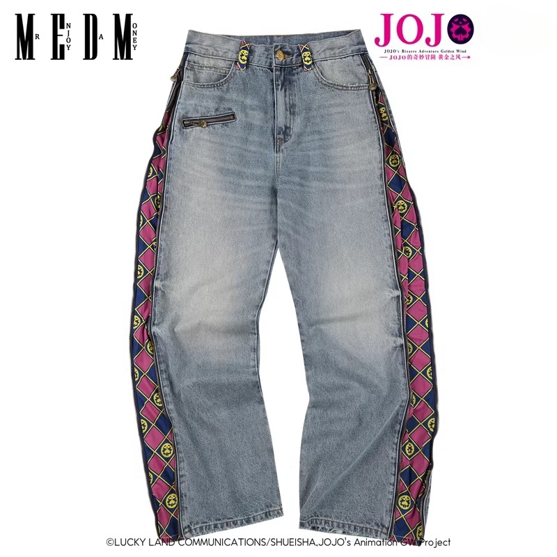 MEDMxJOJO的奇妙冒險聯名-拉鍊格紋水洗做舊休閒牛仔褲