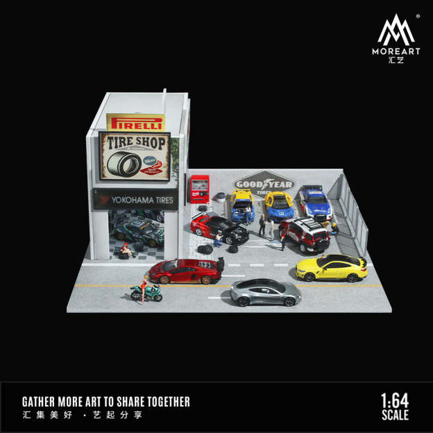 MoreArt1:64 復古汽車修理店燈光版場景模型 車模停車場-GOODTOYSTUDIO