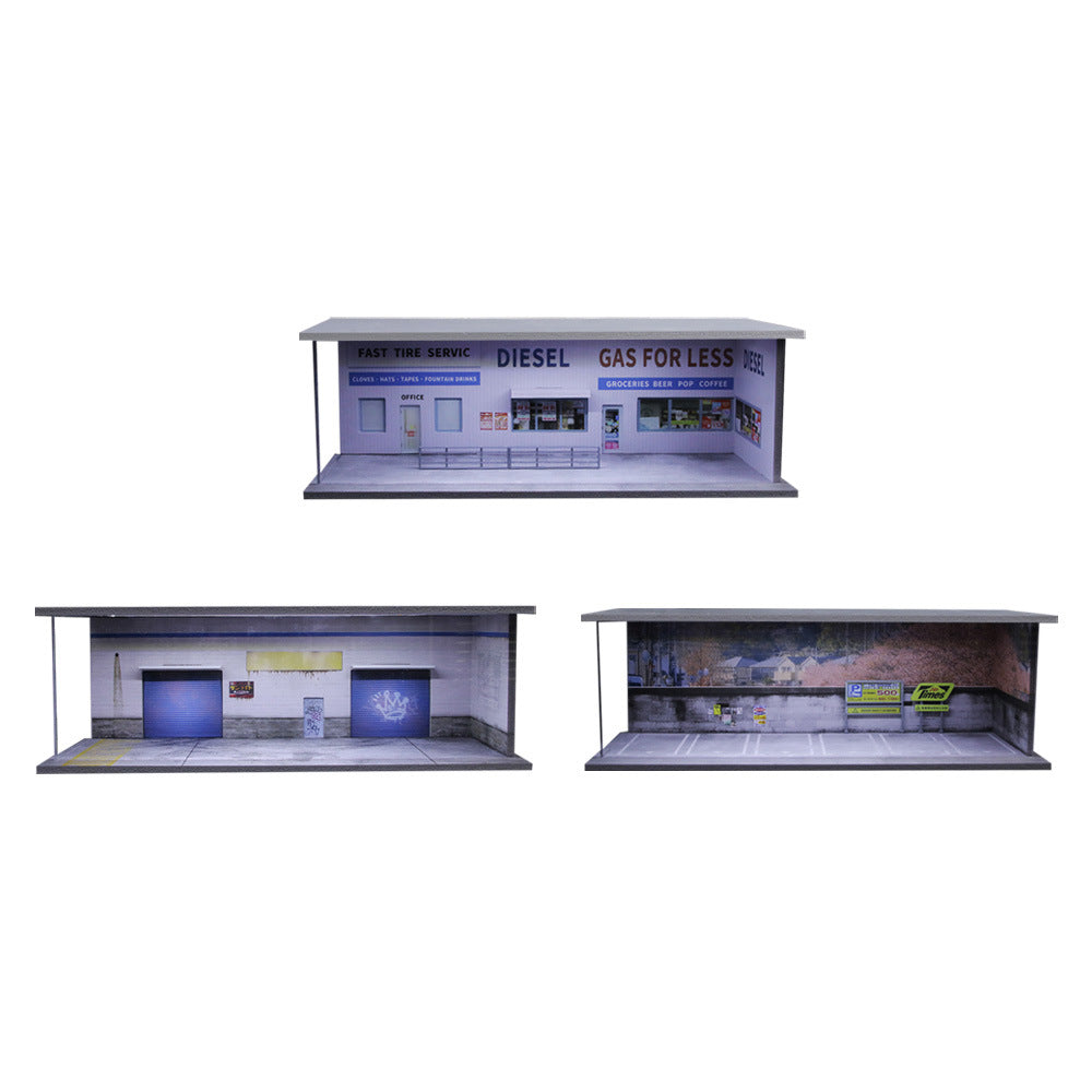 MoreArt1:64美式加油站 倉庫 櫻花停車場燈光版場景模型-GOODTOYSTUDIO