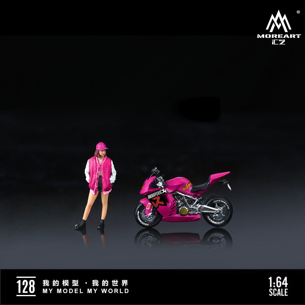 MoreArt1:64  KTM1190玫粉摩托靚女仿真樹脂模型-GOODTOYSTUDIO
