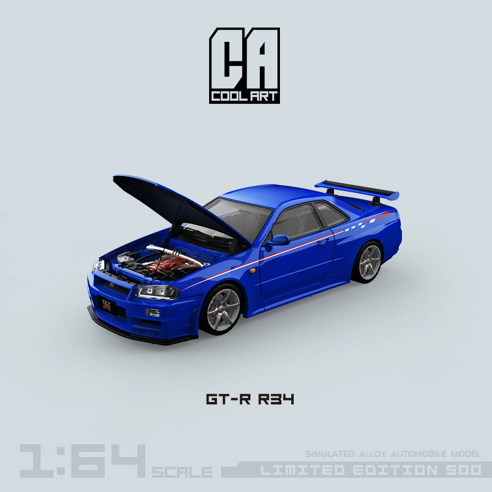 COOLART1:64GTR34 前後開蓋版銀色藍色拉花仿真合金汽車模型-GOODTOYSTUDIO