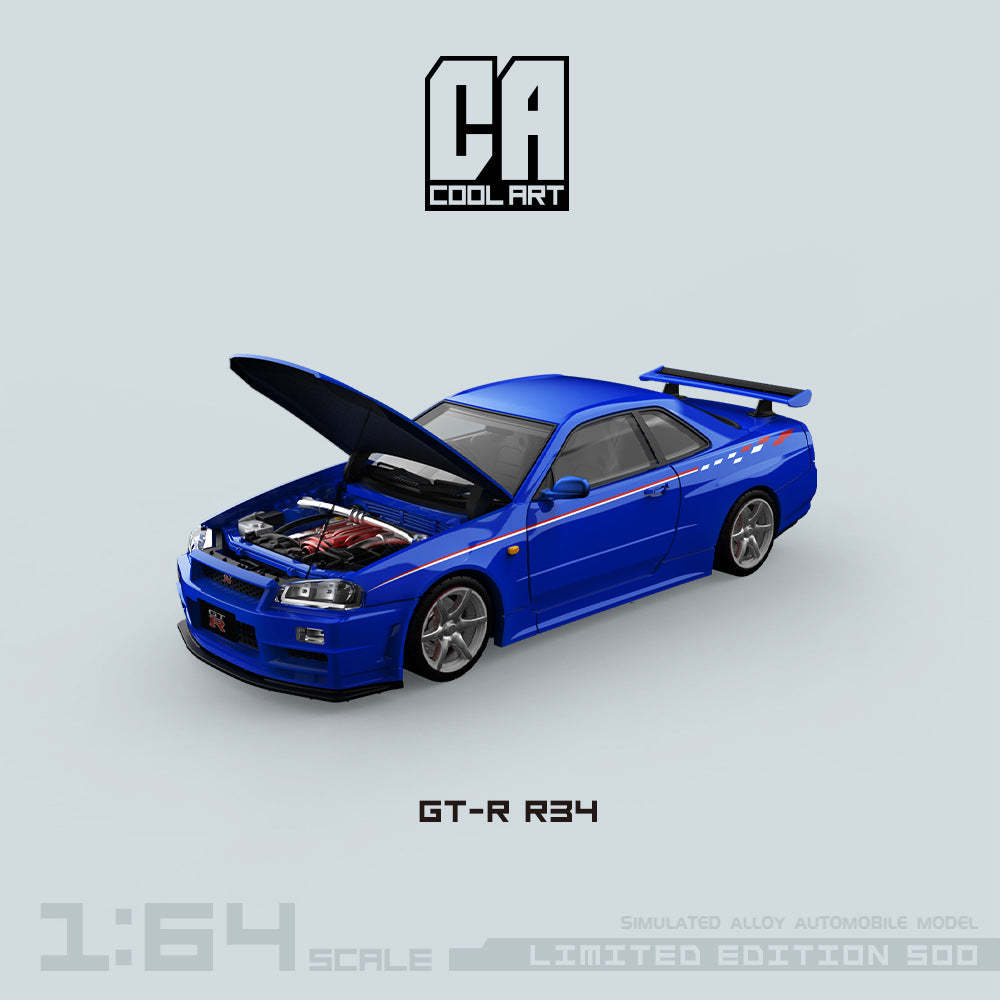 COOLART1:64GTR34 前後開蓋版銀色藍色拉花仿真合金汽車模型-GOODTOYSTUDIO