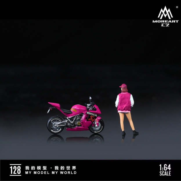 MoreArt1:64  KTM1190玫粉摩托靚女仿真樹脂模型-GOODTOYSTUDIO