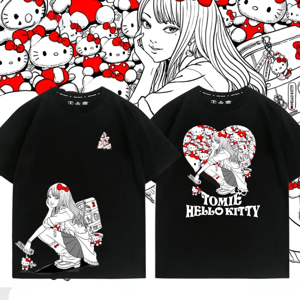 伊藤潤二X三麗鷗富江Hello kitty周邊 印花短袖T恤