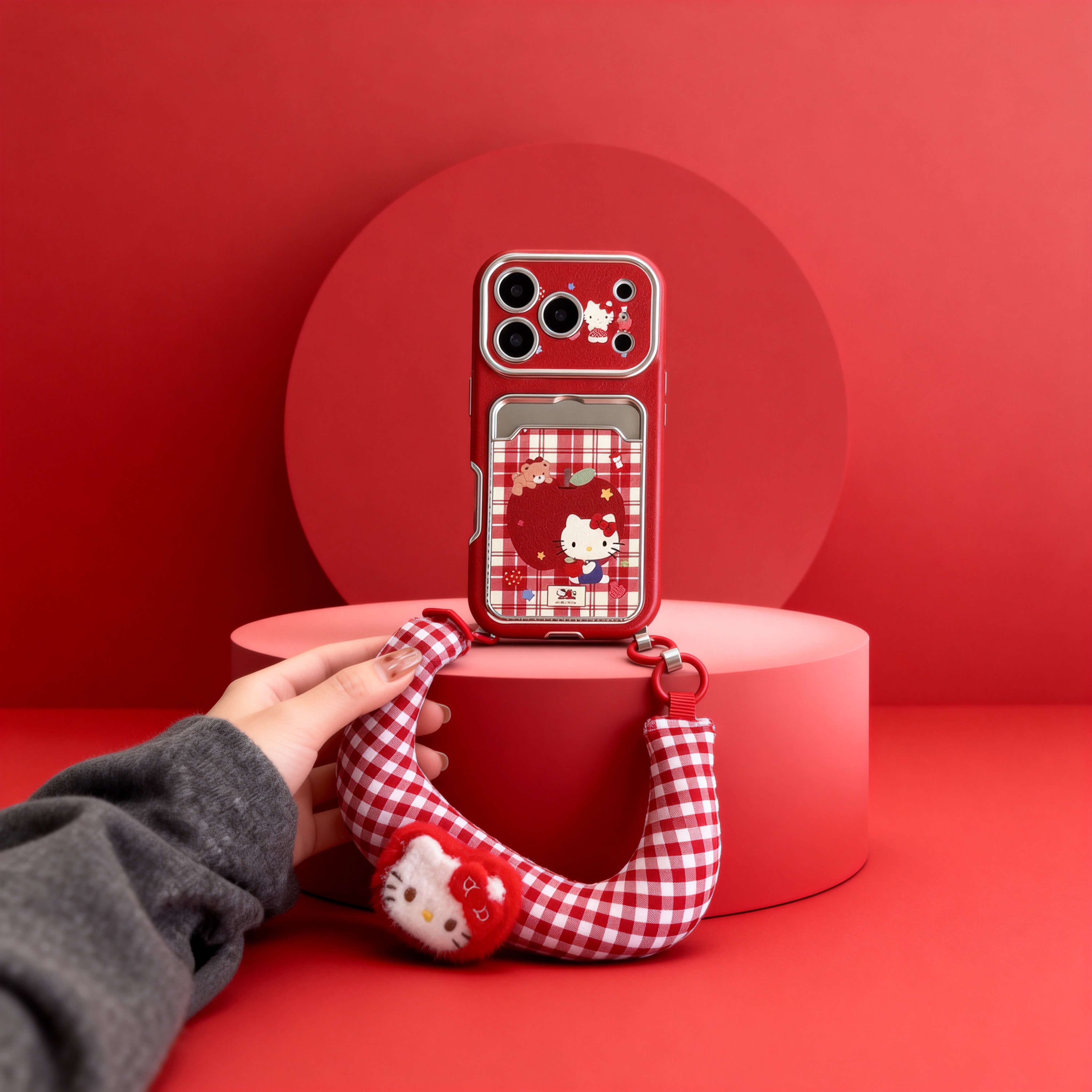 韓系紅格紋蘋果小熊凱蒂貓手機殼