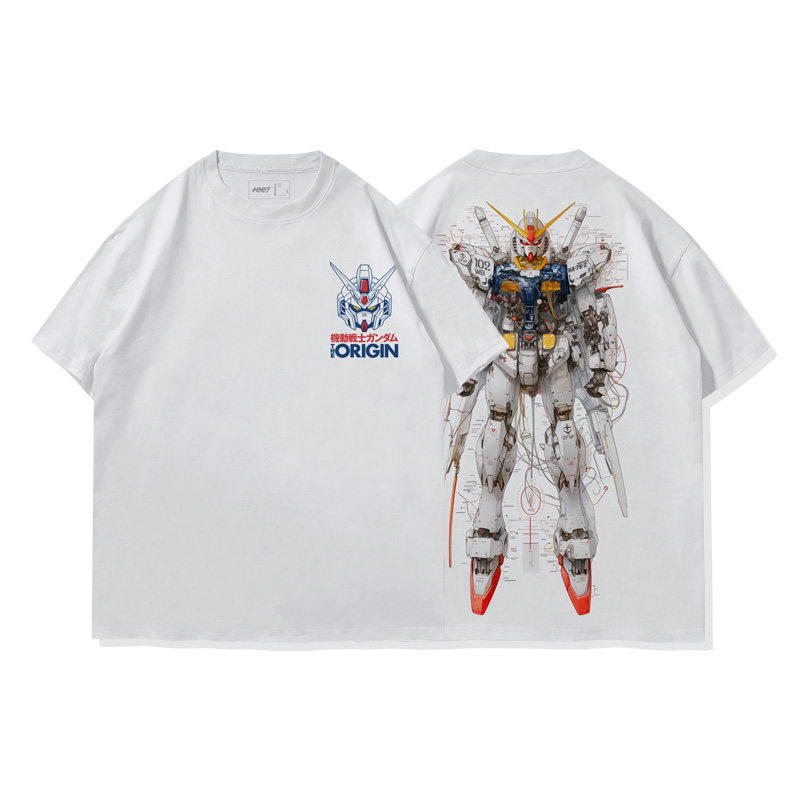 高達機械解剖圖水洗做舊 2026親子情侶男女同款 印花水洗短袖