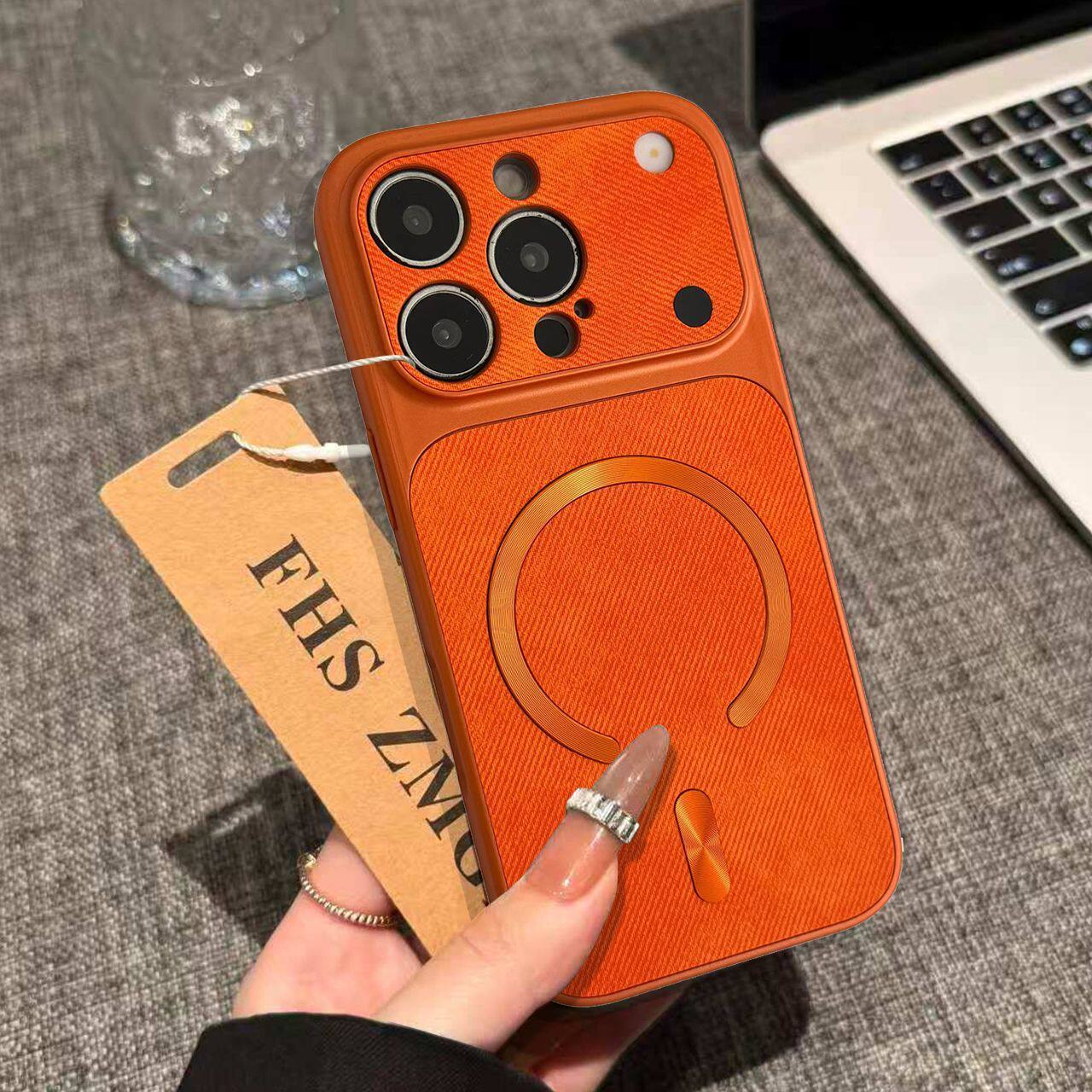 IPhone系列 輕奢極光圈大視窗牛仔布紋Magsafe磁吸手機殼