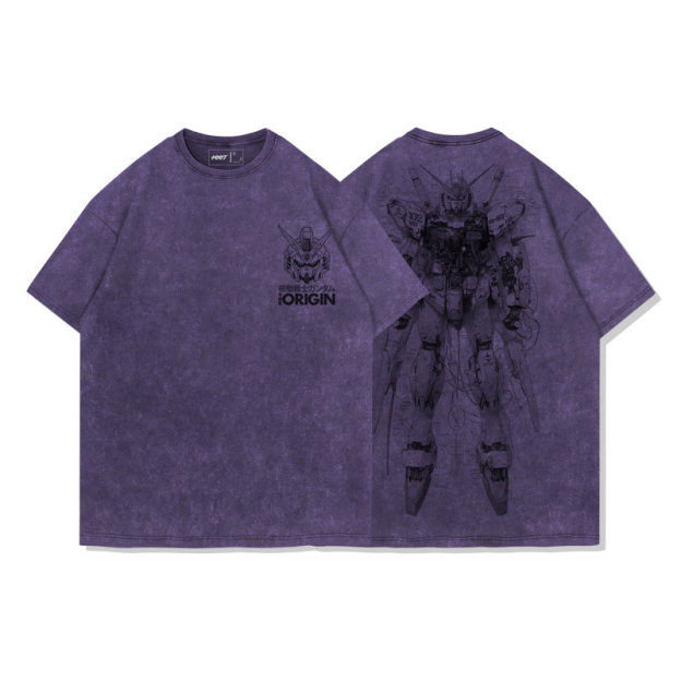 高達機械解剖圖水洗做舊 2026親子情侶男女同款 印花水洗短袖