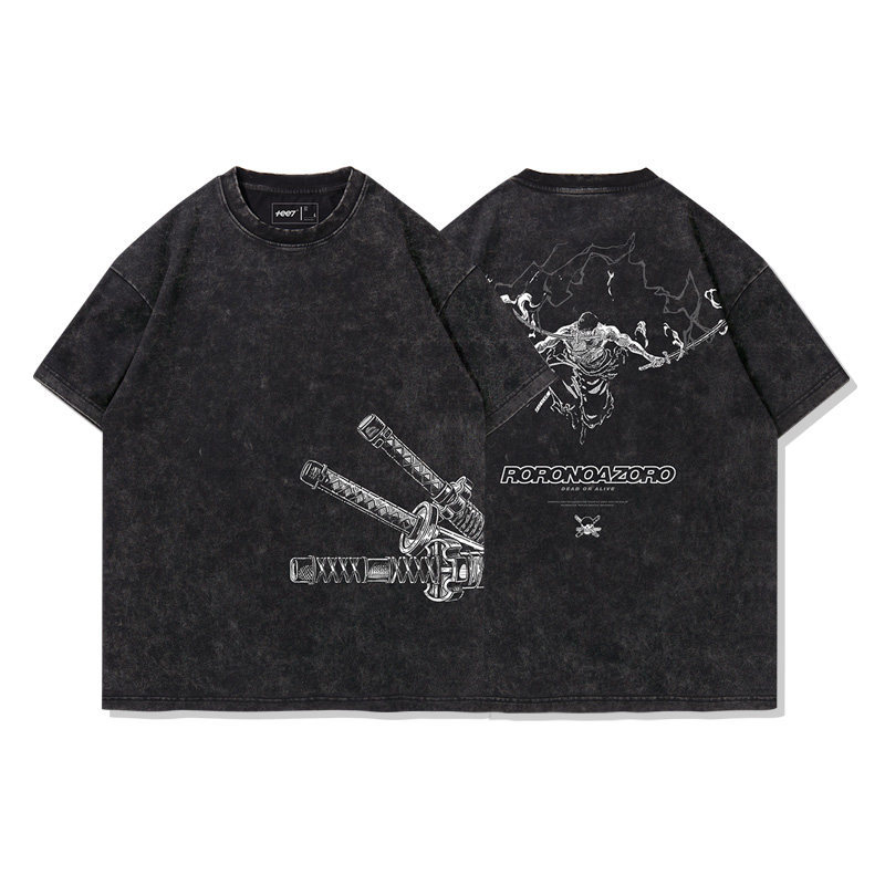 海賊王索隆拔刀水洗做舊 2026親子情侶男女同款 印花水洗短袖