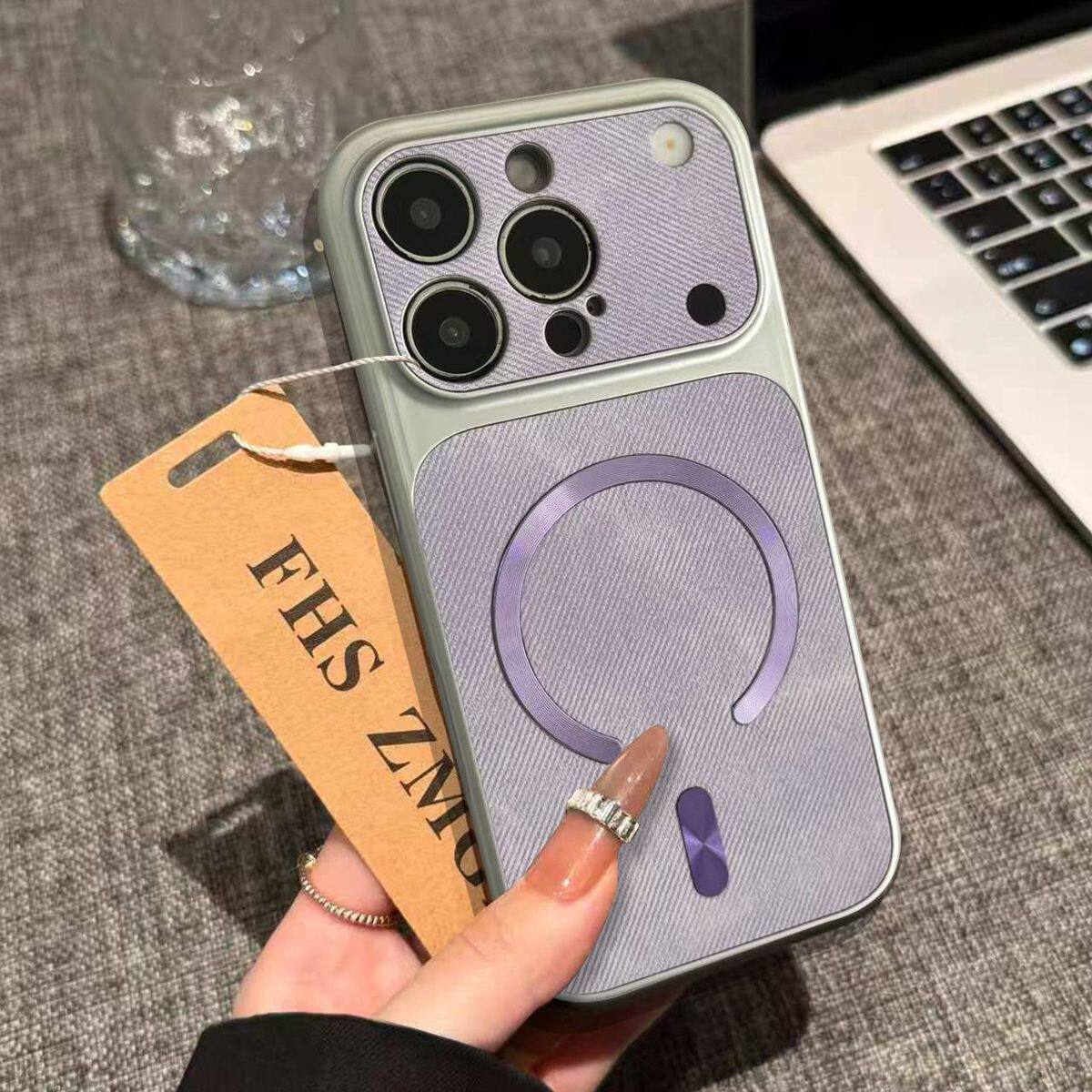 IPhone系列 輕奢極光圈大視窗牛仔布紋Magsafe磁吸手機殼