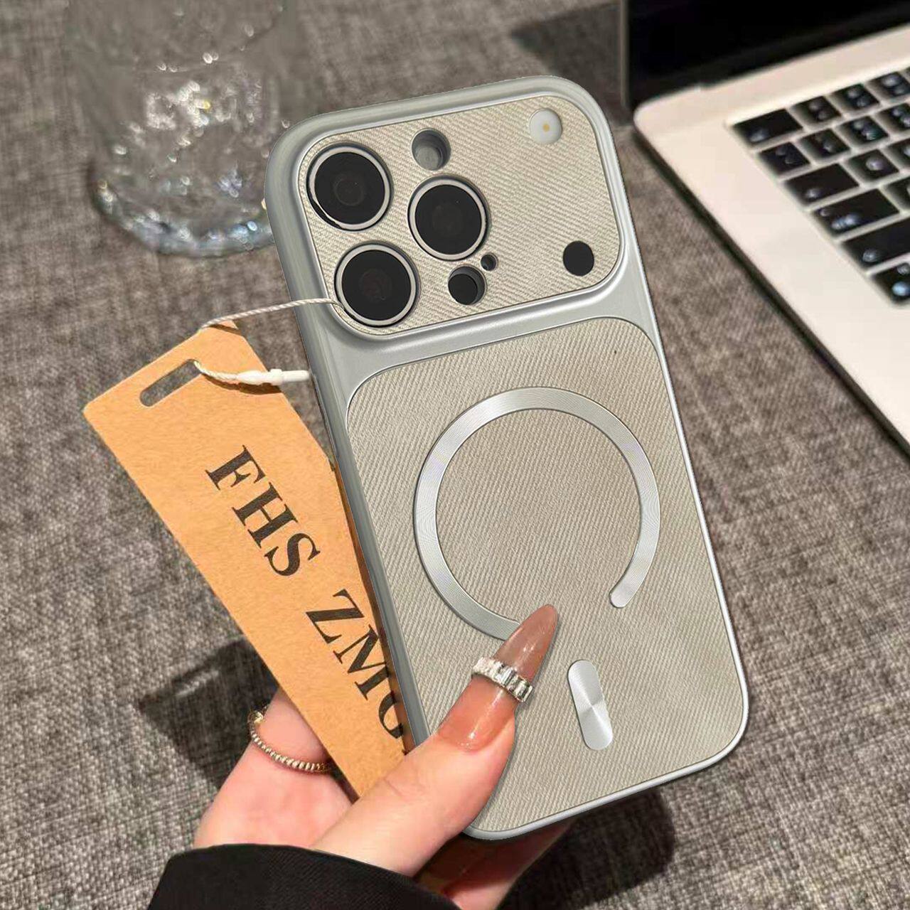IPhone系列 輕奢極光圈大視窗牛仔布紋Magsafe磁吸手機殼