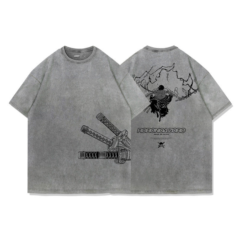 海賊王索隆拔刀水洗做舊 2026親子情侶男女同款 印花水洗短袖