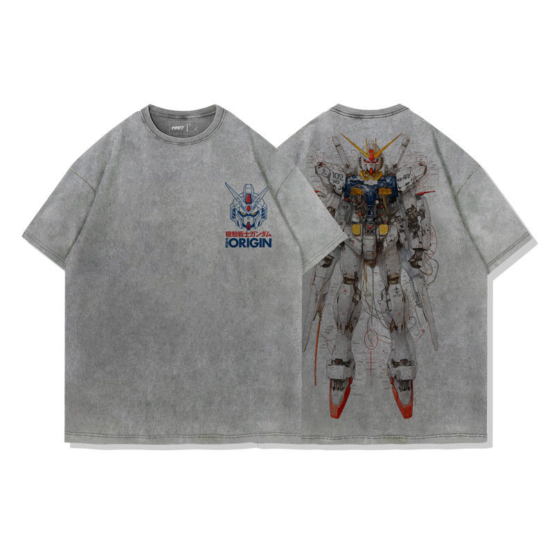 高達機械解剖圖水洗做舊 2026親子情侶男女同款 印花水洗短袖