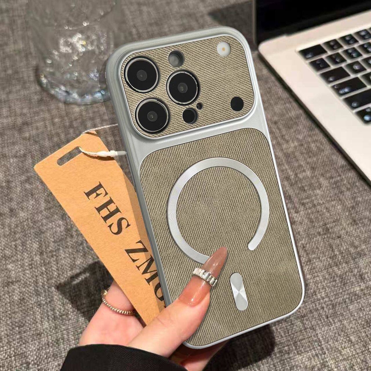 IPhone系列 輕奢極光圈大視窗牛仔布紋Magsafe磁吸手機殼