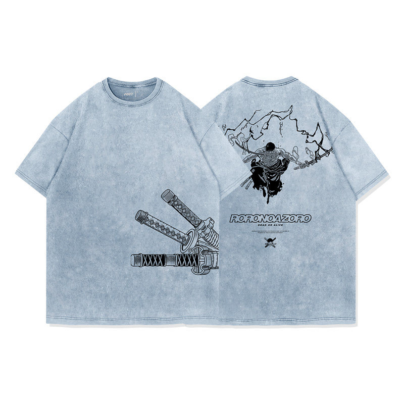 海賊王索隆拔刀水洗做舊 2026親子情侶男女同款 印花水洗短袖