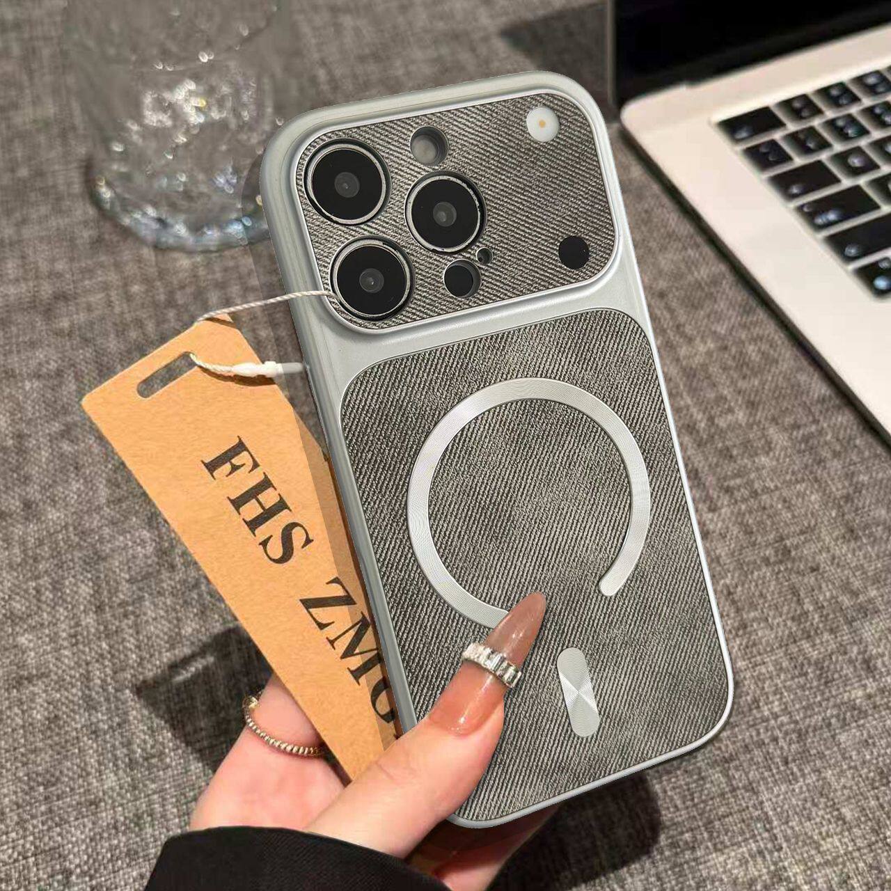 IPhone系列 輕奢極光圈大視窗牛仔布紋Magsafe磁吸手機殼