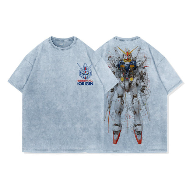 高達機械解剖圖水洗做舊 2026親子情侶男女同款 印花水洗短袖