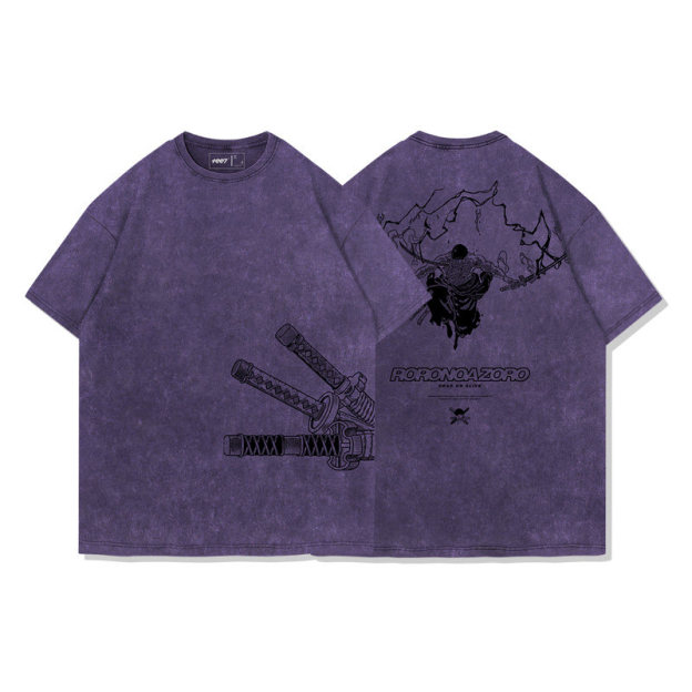 海賊王索隆拔刀水洗做舊 2026親子情侶男女同款 印花水洗短袖