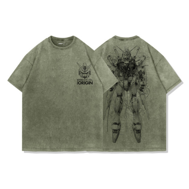 高達機械解剖圖水洗做舊 2026親子情侶男女同款 印花水洗短袖
