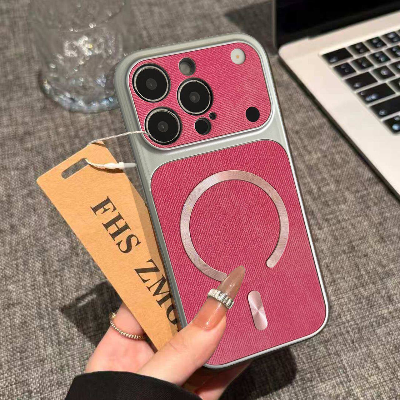 IPhone系列 輕奢極光圈大視窗牛仔布紋Magsafe磁吸手機殼